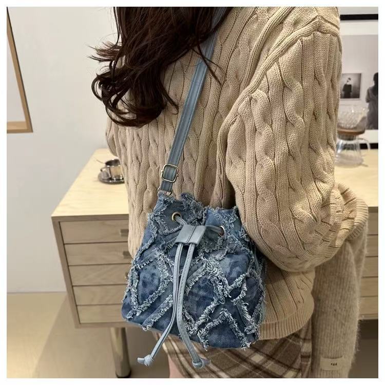 Denim Bucket Tote Cross Body Bag