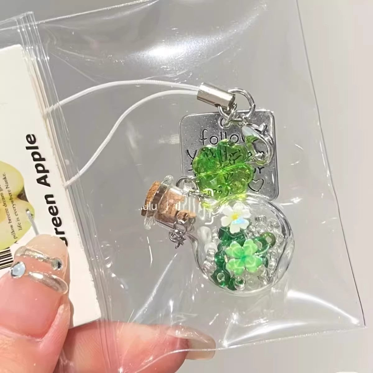 Ins-style Refreshing Four-leaf Clover Wishing Bottle Phone Charm