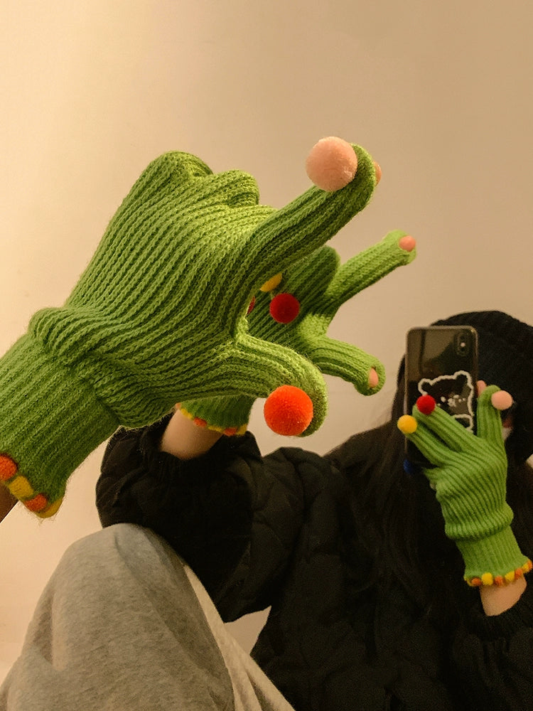 Pom-Pom Fingertip Wool Gloves