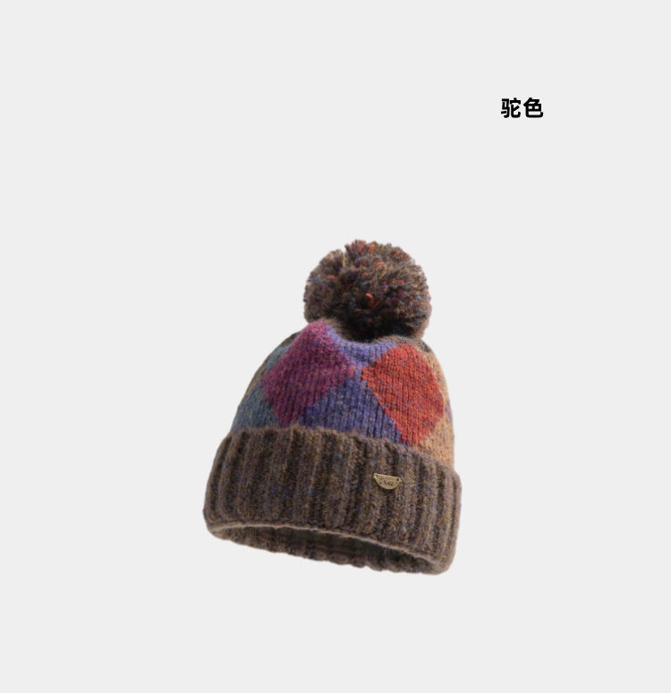 Geo-Color Block Pom-Pom Beanie