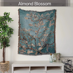 Wall tapestry with floral design labeled 'Almond Blossom' in a room setting.