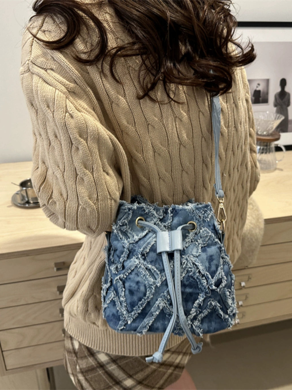 Denim Bucket Tote Cross Body Bag