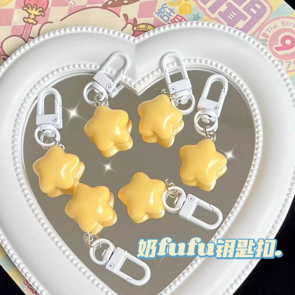 Macaron - colored Cream Yellow Star Keychain with Pudding Texture