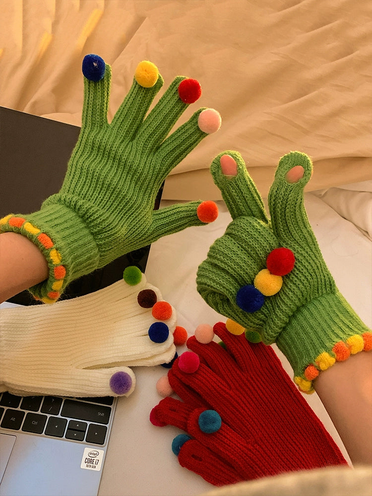 Pom-Pom Fingertip Wool Gloves