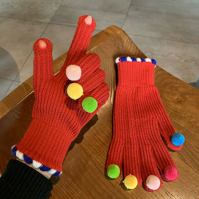 Pom-Pom Fingertip Wool Gloves