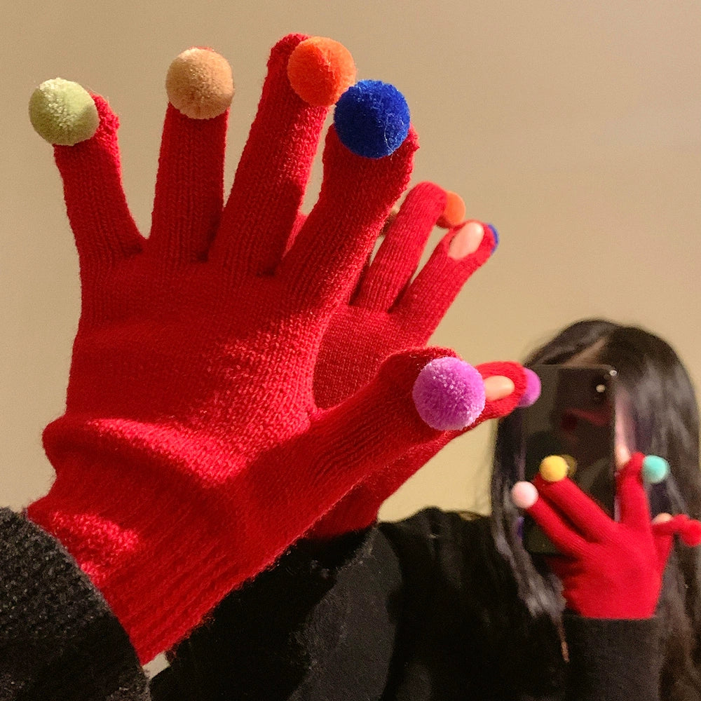Pom-Pom Fingertip Wool Gloves