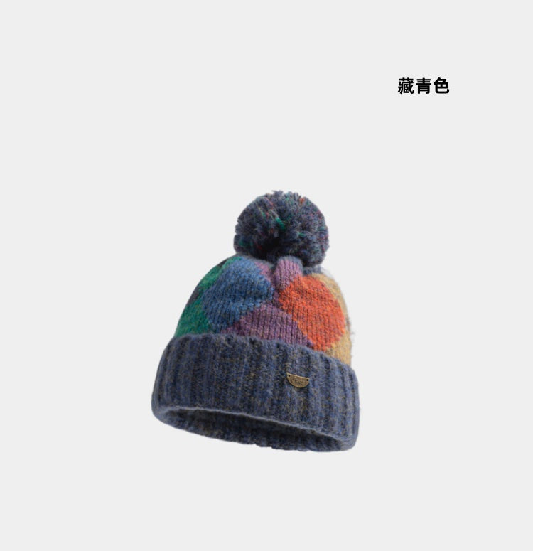 Geo-Color Block Pom-Pom Beanie