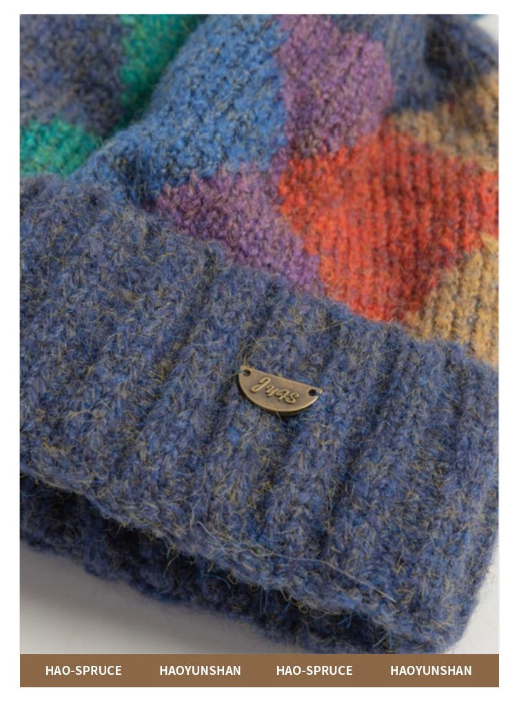 Geo-Color Block Pom-Pom Beanie