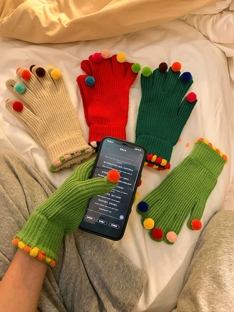 Pom-Pom Fingertip Wool Gloves